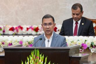 Prime Minister Tarique Rahman addresses a programme at the Prime Minister's Office (PMO) in Tejgaon today on the occasion of the 40th founding anniversary of the Special Security Force (SSF). Photo:PMO