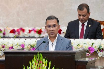 Prime Minister Tarique Rahman addresses a programme at the Prime Minister's Office (PMO) in Tejgaon today on the occasion of the 40th founding anniversary of the Special Security Force (SSF). Photo:PMO