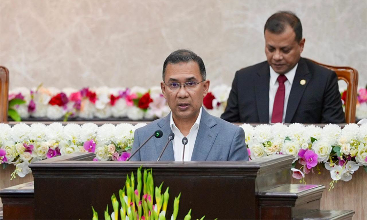 Prime Minister Tarique Rahman addresses a programme at the Prime Minister's Office (PMO) in Tejgaon today on the occasion of the 40th founding anniversary of the Special Security Force (SSF). Photo:PMO